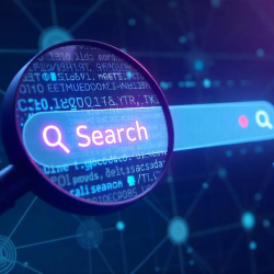 Futuristic search engine with AI-driven semantic search elements.