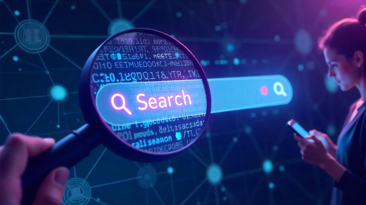 Futuristic search engine with AI-driven semantic search elements.