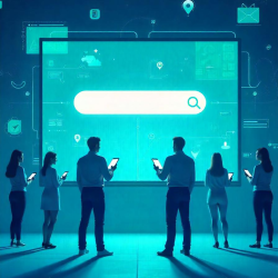 Vector illustration showing a giant search engine interface on a screen, surrounded by people using mobile devices, with icons for location pins, search history, and voice search, representing personalised search trends. Perfect concept for an SEO agency in UAE.