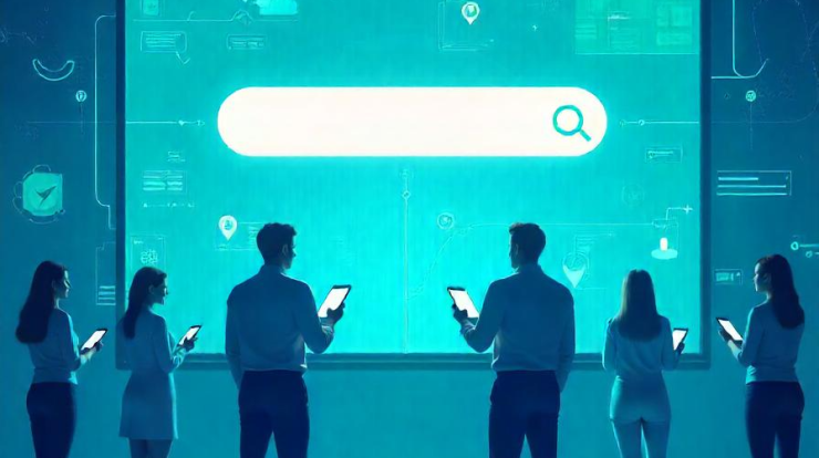 Vector illustration showing a giant search engine interface on a screen, surrounded by people using mobile devices, with icons for location pins, search history, and voice search, representing personalised search trends. Perfect concept for an SEO agency in UAE.