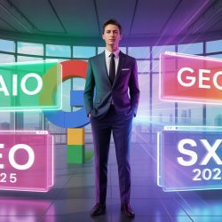A business person standing in front of floating holographic terms like AIO, GEO, SXO, and SEO 2025, with a Google-style interface in the background, representing advanced SEO services UAE in 2025