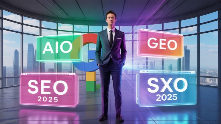 A business person standing in front of floating holographic terms like AIO, GEO, SXO, and SEO 2025, with a Google-style interface in the background, representing advanced SEO services UAE in 2025