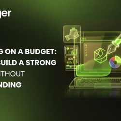 Branding on a budget concept showing digital design tools and building a strong brand without overspending