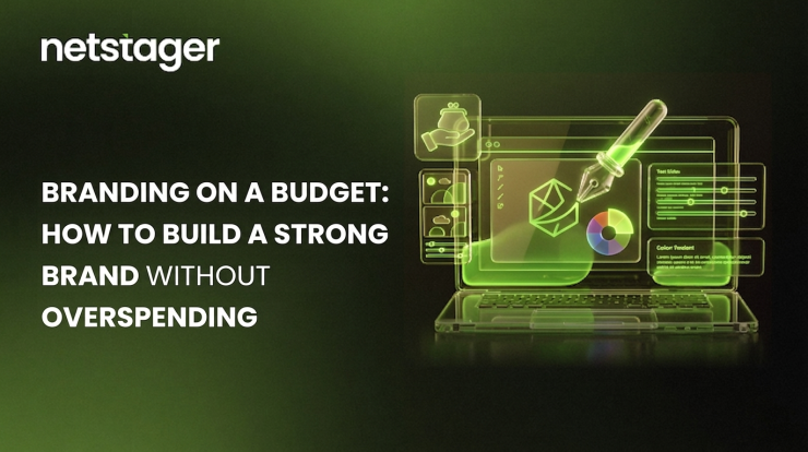 Branding on a budget concept showing digital design tools and building a strong brand without overspending