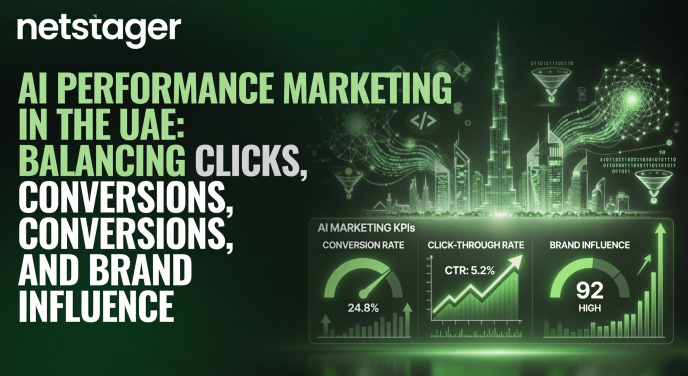 Netstager’s futuristic infographic on AI Performance Marketing in the UAE, highlighting the balance between clicks, conversions, and brand influence with glowing Dubai skyline and key performance metrics